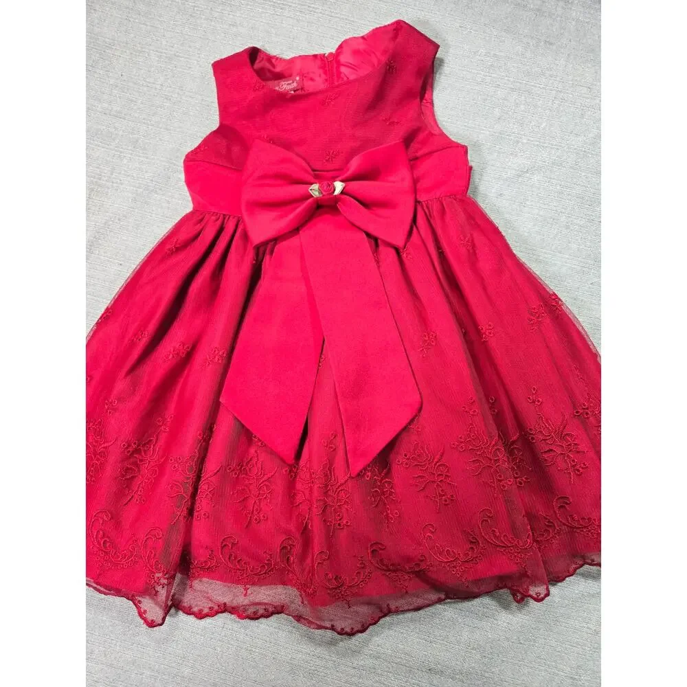 Princess Faith Toddler 2T Dark Red Bow Embroidered Floral Party Dress Festive